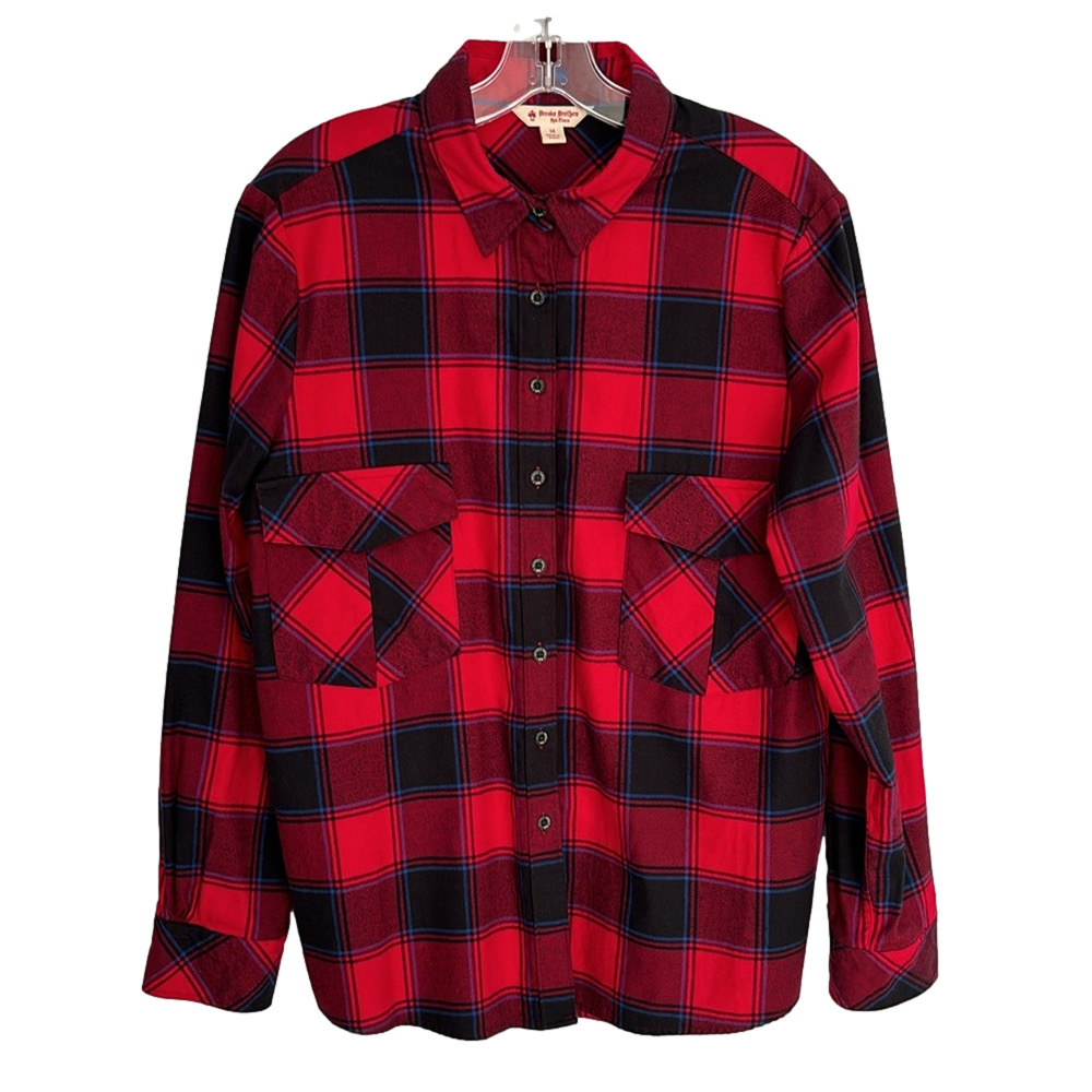 Brooks Brothers Red Fleece Flannel Buttoned Shirt Red Blue Black Plaid Size 14